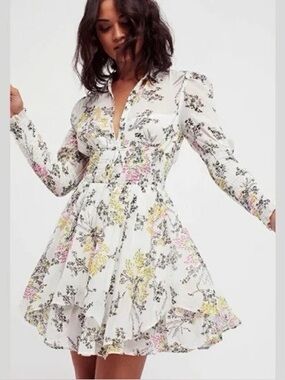 Free People Women’s Floral Poet Mini Dress Small S White Summer Casual Cute